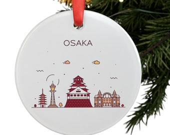 OSAKA JAPAN City Skyline Illustration Japanese Travel White Acrylic Ornament with Red Ribbon Christmas Tree Ornament Holiday Decor