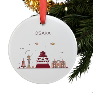 Adorno acrílico redondo blanco con diseño de horizonte de la ciudad de Osaka, Japón, regalo personalizado, adorno para árbol de Navidad, decoración navideña