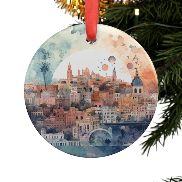 MARSEILLE FRANCE City View French Travel Acrylic Ornament with Red Ribbon Christmas Tree Ornament Holiday Gift