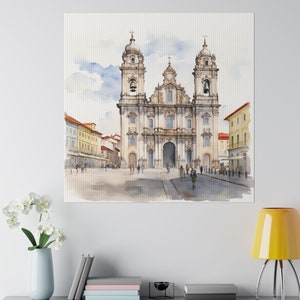 BRAGA PORTUGAL Portuguese Travel 0.75&quot; Stretched Matte Canvas Watercolor Wall Art Eco Friendly Home Decor 3 Sizes