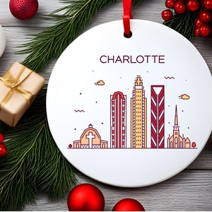CHARLOTTE NC City Skyline, American Travel White Acrylic Ornament, Personalized Christmas Tree Ornament, North Carolina Holiday Gift