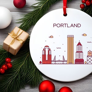 PORTLAND OR City Skyline Illustration, Oregon Travel White Acrylic Ornament, Personalized Gift, Christmas Tree Ornament, Holiday Decoration