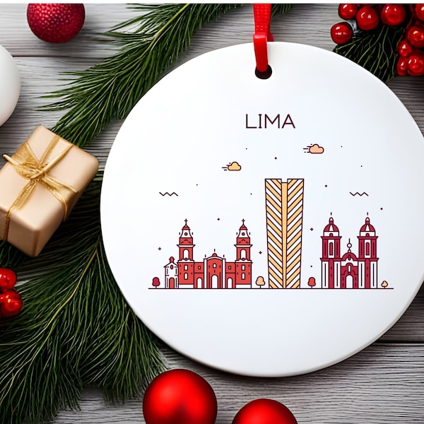 LIMA PERU City Skyline Illustration Peruvian Travel White Acrylic Ornament with Red Ribbon Christmas Tree Ornament Holiday