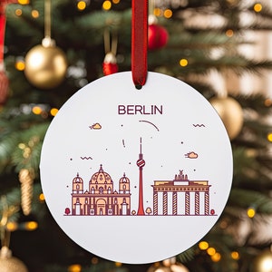 BERLIN GERMANY City Skyline, German Travel White Acrylic Ornament, Personalized Gift, Christmas Tree Ornament, Holiday Decoration