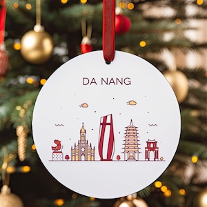 DA NANG VIETNAM City Skyline, Vietnamese Travel White Acrylic Ornament, Personalized Gift, Christmas Tree Ornament, Holiday Decoration