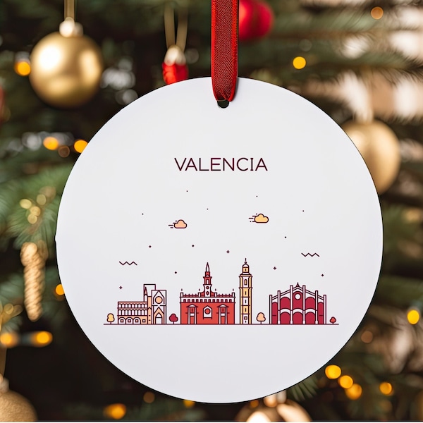 VALENCIA ESPAÑA Ciudad Skyline Ilustración Viaje Español Adorno Acrílico Blanco con Cinta Roja Adorno de Árbol de Navidad Vacaciones