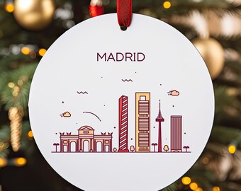 MADRID SPANIEN Stadt Skyline, Spanische Reise Weiße Acrylverzierung, personalisiertes Geschenk, kundenspezifische Weihnachtsbaumverzierung, Feiertagsdekoration