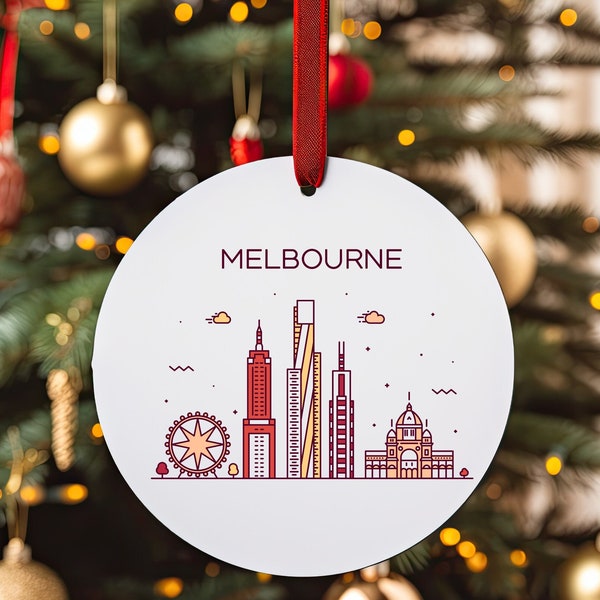 MELBOURNE AUSTRALIA City Skyline Illustration Australian Aussie Travel White Acrylic Ornament with Red Ribbon Christmas Tree Ornament