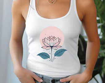 LOTUS FLOWER Line Art Women's Racerback Tank Meditation Slim Fit Yoga Tank Top Workout Clothing Gift For Her White Grey Mint