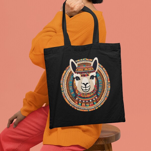INCA ALPACA Peru Animal Black or Natural Cotton Canvas 15 x 16 Inch Tote Bag Shopping Bag Book Bag Gift for Camelid Alpaca Lover