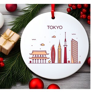Ilustración del horizonte de la ciudad de Tokio, Japón, adorno acrílico blanco de viaje japonés, regalo personalizado, adorno para árbol de Navidad, decoración navideña