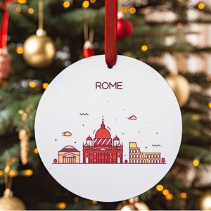ROME ITALY City Skyline Illustration, Italian Travel White Acrylic Ornament, Personalized Christmas Tree Ornament, Holiday Gift, Home Decor