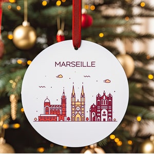 MARSEILLE FRANCE Stadt Skyline, Französisch Reise Weiß Acryl Ornament, personalisiertes Geschenk, Weihnachtsbaum Ornament, Urlaub Dekoration