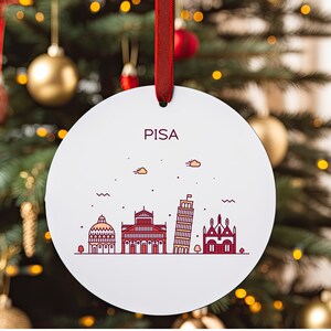PISA ITALY City Skyline Illustration, Italian Travel White Acrylic Ornament, Personalized Christmas Tree Ornament, Holiday Decor Gift
