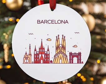 BARCELONA SPAIN City Skyline Illustration Spanish Travel White Acrylic Ornament with Red Ribbon Christmas Tree Ornament Holiday