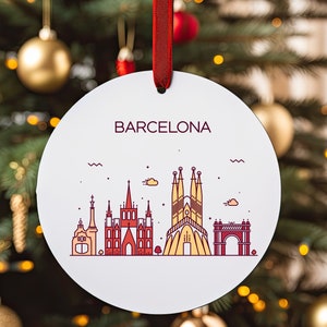 BARCELONA SPAIN City Skyline Illustration, Spanish Travel White Round Acrylic Ornament, Personalized Gift, Christmas Tree Ornament