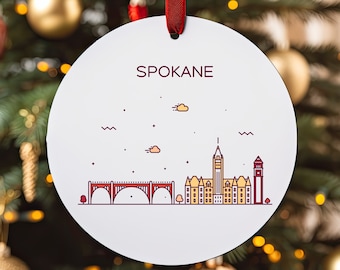 SPOKANE WA City Skyline Illustration, Washington Travel White Acrylic Ornament, Personalized Gift, Christmas Tree Ornament, Holiday Decor