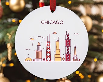 CHICAGO IL City Skyline Illustration, Illinois Travel White Round Acrylic Ornament, Personalized Gift, Christmas Tree Ornament