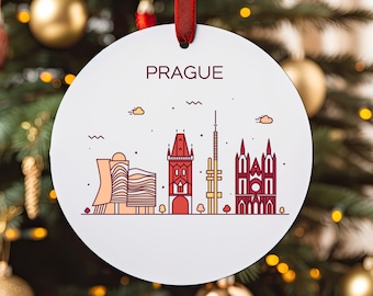 PRAGUE CZECH REPUBLIC City Skyline, White Acrylic Round Ornament, Personalized Christmas Tree Ornament Gift, Holiday Decor, Home Decor Gift
