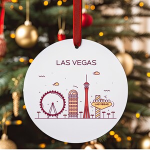LAS VEGAS NV City Skyline Illustration Nevada Travel White Acrylic Ornament with Red Ribbon Christmas Tree Ornament Holiday