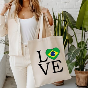 LOVE BRAZIL Flag Heart Cotton Canvas 15 x 16 Inch Tote Bag Brazilian Pride Heritage Ancestry Family Roots Shopping Bag Book Bag