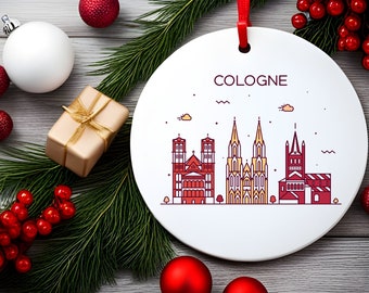 COLOGNE GERMANY City Skyline Illustration, Köln German Travel White Acrylic Ornament, Personalized Gift, Christmas Tree Ornament