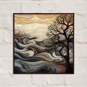 Swirly Waves Lone Tree Fantasy Landscape Poster con cornice in legno, carta opaca premium, cornice in legno scuro o pino naturale, decorazione da parete ecologica