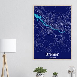 Bremen Duitsland blauwe stadskaart luchtfoto witte wegen Eco vriendelijke Premium mat papier grenen hout ingelijste poster