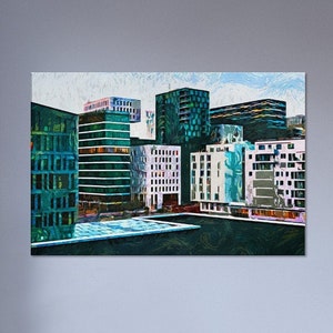 OSLO NORWAY City Skyline Buildings Art 0.75&quot; Slim Stretched Canvas Print Wall Decor Norwegian Travel Art 5 Sizes Eco Friendly