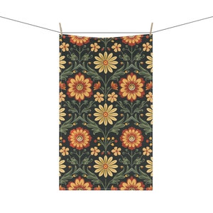 Orange Flowers Floral Pattern 18 x 30 Inch Kitchen Tea Towel Cotton Twill Polyester Towel Boho Home Decor Housewarming Gift
