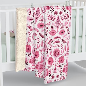 Nordic Pink Floral Pattern, Cozy Sherpa Fleece Blanket, Couch Throw Blanket, Scandinavian Home Decor Gift