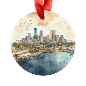 TEL AVIV ISRAEL City View Skyline, Israeli Travel Round Acrylic Ornament, Personalized Gift, Christmas Tree Ornament, Holiday Decor