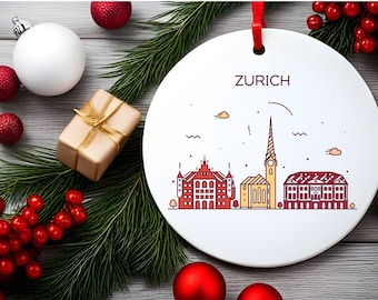 ZURICH SWITZERLAND City Skyline Illustration Swiss Travel White Acrylic Ornament with Red Ribbon Christmas Tree Ornament Holiday Decor