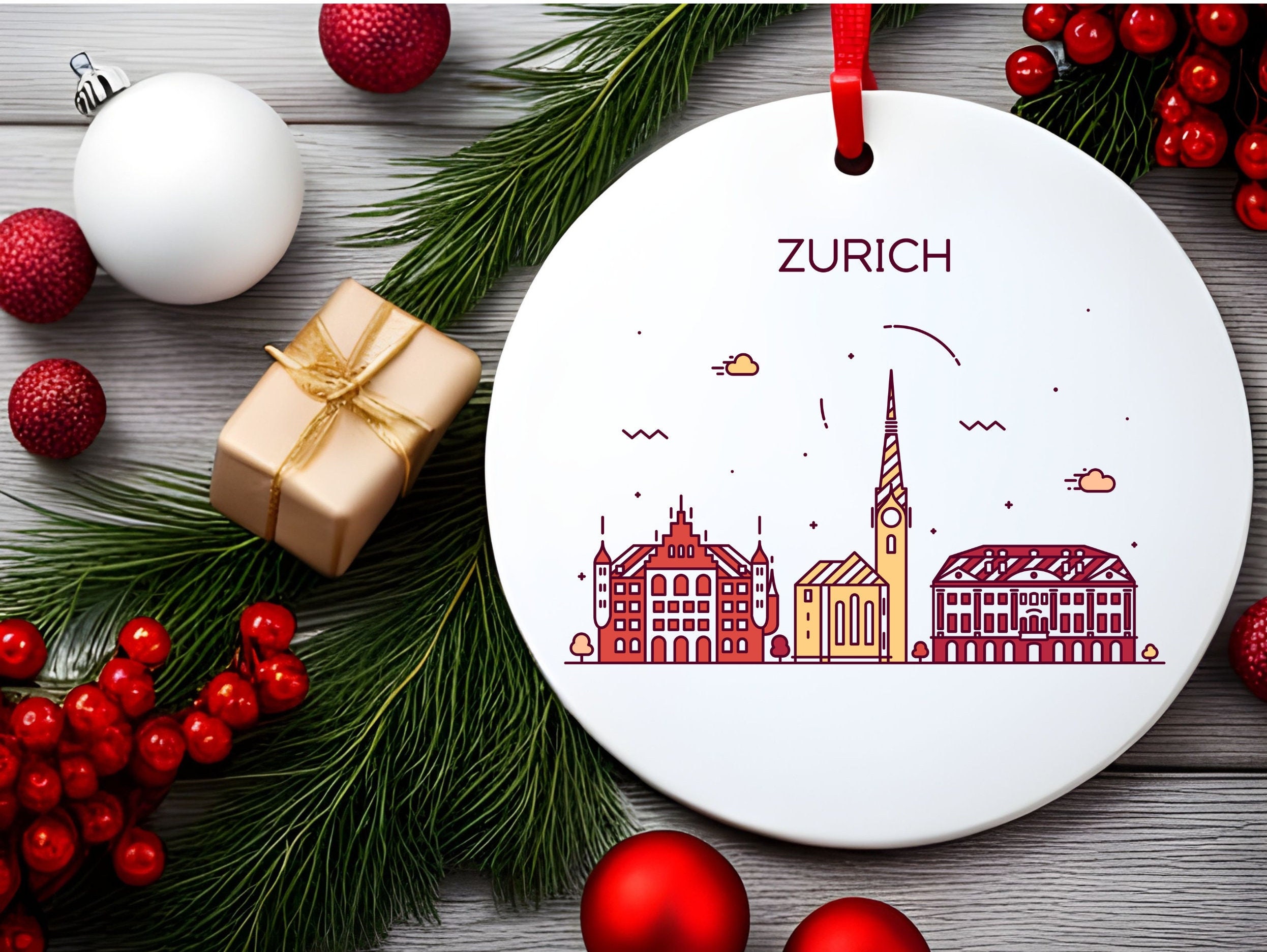 Weekino Ornamento Di Natale Limmat Zurich – Ceramica Doppia Faccia 7,2 Cm – Souvenir Svizzera Con Sacchetto Velluto