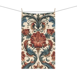 Norwegian Rosemaling Inspired Nordic Floral Pattern 18 x 30 Inch Kitchen Tea Towel Cotton Twill or Polyester Towel Norway Home Decor Gift