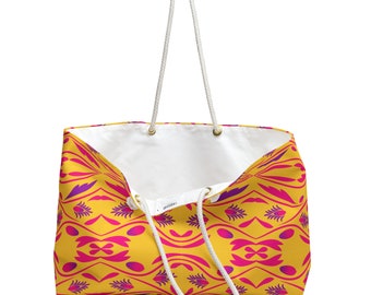 24 x 13 Inch Spun Polyester Weekender Bag Orange Pink Purple Ethnic Pattern Beach Bag Boho Tote Bag T-Bottom Rope Handle Purse