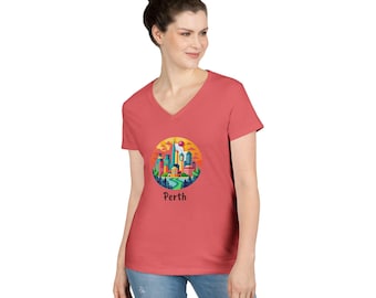 Paesaggio urbano di Perth, Australia - T-shirt con scollo a V e grafica - T-shirt in cotone da donna - Viaggio in Australia - Maglietta souvenir