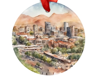 PRETORIA SOUTH AFRICA City View Skyline Scene African Travel Acrylic Ornament with Red Ribbon Christmas Tree Ornament Holiday Gift