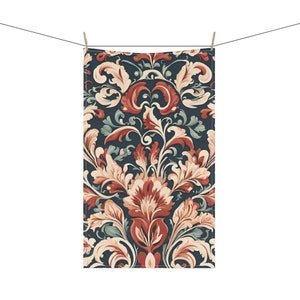 Norwegian Rosemaling Inspired Nordic Floral Pattern 18 x 30 Inch Kitchen Tea Towel Cotton Twill or Polyester Towel Norway Home Decor Gift