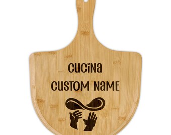 Personalized Name - Cucina - Engraved Bamboo Pizza Board - Wood Pizza Peel - Italian Food Vibes