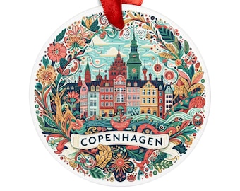 COPENHAGEN DENMARK City Skyline View, Danish Travel Round Acrylic Ornament, Personalized Gift, Christmas Tree Ornament, Holiday Decoration