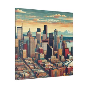SEATTLE WASHINGTON City Skyline Port Travel 0.75&quot; Stretched Matte Canvas Watercolor Wall Art Eco Friendly Home Decor 3 Sizes