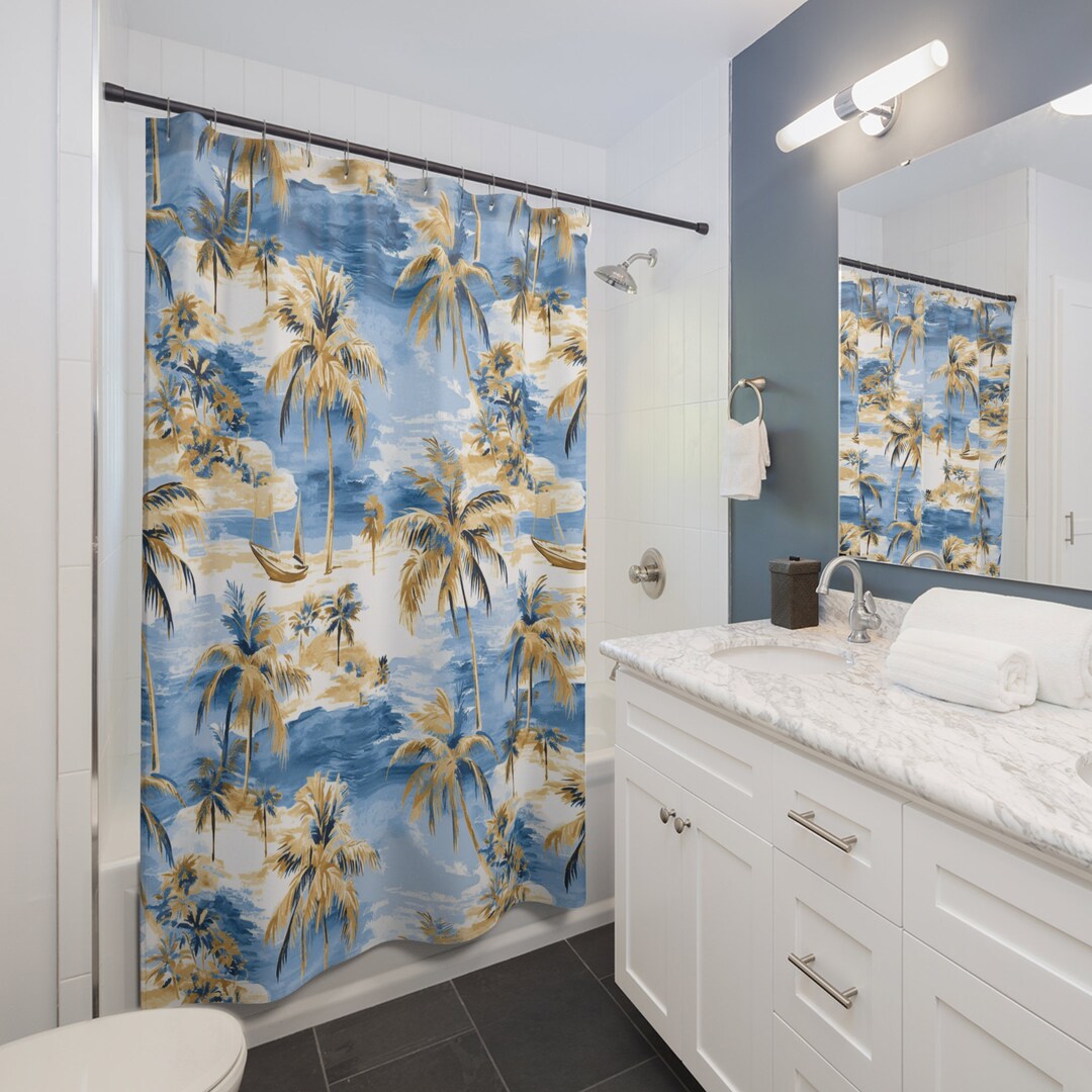 Palm Tree Beach Pattern Print Bathroom Shower Curtain