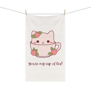 You're My Cup of Tea 18 x 30 Inch Kitchen Tea Towel Japanese Kawaii Cute Cat Teacup Cotton Twill Polyester Towel Home Decor