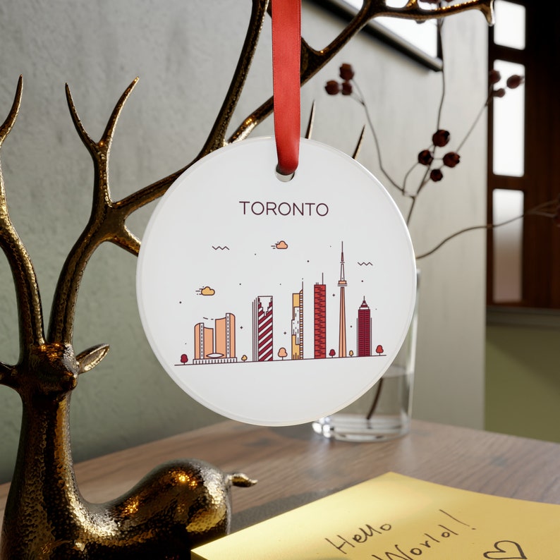 TORONTO ONTARIO CANADA City Skyline, Canadian Travel White Acrylic Ornament, Personalized Gift