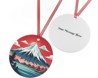 Adorno de metal redondo de 3,5" con cinta roja para decoración de árbol de Navidad, regalo navideño personalizado, montaña japonesa, monte Fuji, Japón
