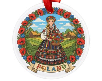 Op de afbeelding: Een ronde, witte ornament met een levendige illustratie van een vrouw in traditionele Poolse klederdracht, met een mand met bloemen. Het ontwerp omvat een bloemenkrans, een landelijk landschap en het woord "POLAND" op een banner, met een rood lint om op te hangen.