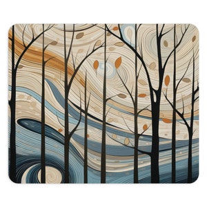 May include: Abstract art print depicting a stylised forest scene with swirling lines in shades of blue, brown, and beige. The trees are black silhouettes with branches reaching up towards the sky.