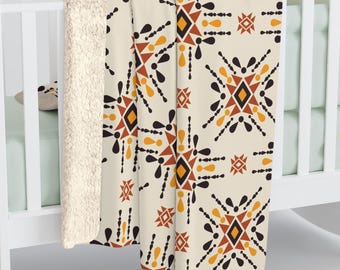 May include: A soft, plush throw blanket with a geometric pattern in shades of orange, yellow, and brown on a cream background. The blanket is made of a soft, plush material and is perfect for snuggling up on the sofa.