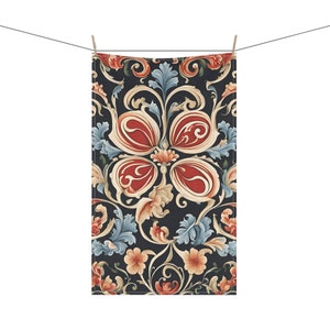Norwegian Rosemaling Inspired Nordic Floral Pattern 18 x 30 Inch Kitchen Tea Towel Cotton Twill or Polyester Towel Norway Home Decor Gift